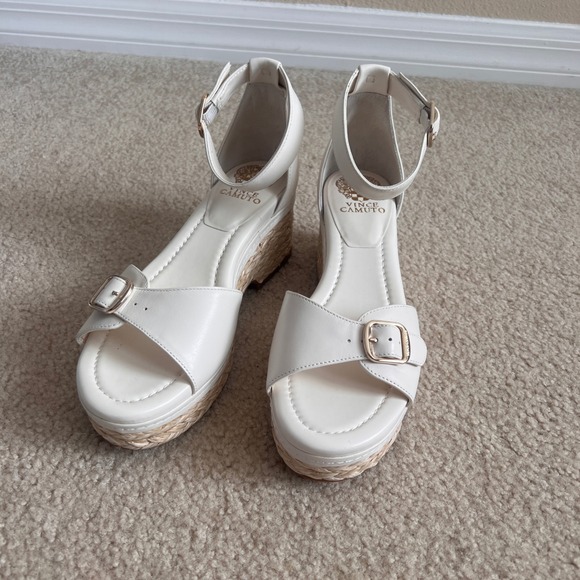 New Vince Camuto White Leather Espadrille Platform Wedge Sandals Ladies Size 9 - Picture 2 of 10
